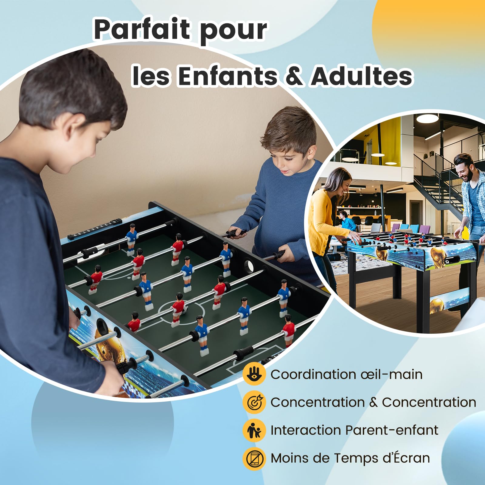 GOPLUS Table de Baby-Foot Enfants, Jeu de Football de Table sur Table/à Pied avec Pieds Amovibles, 2 Balles et 2 Marqueurs pour Adolescents et Adultes :94 x 81 x 68 cm