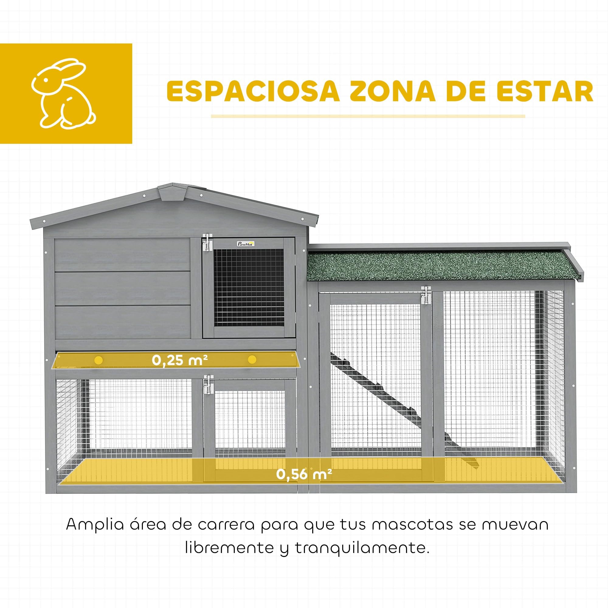 PawHut Conejera de Madera de 2 Niveles, Jaula para Conejos Grande con Techo Asfáltico, Bandeja Extraíble y Escalera, Conejera para Exterior, para Cobayas y Hámsteres, 150x45x85 cm, Gris