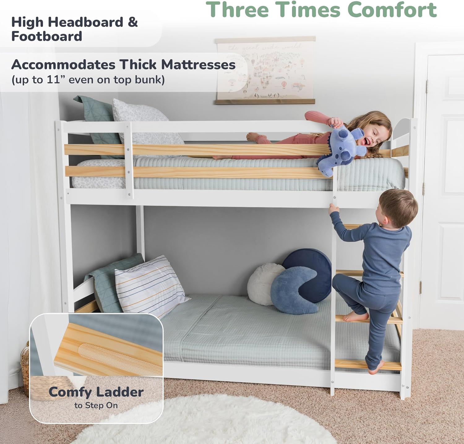 Ocodile Low Bunk Bed Twin Over Twin with Unique Design for Kids and Toddlers, Solid Wood Bunk Bed Frame with 28 Strong Wooden Slats and High Guardrails - White