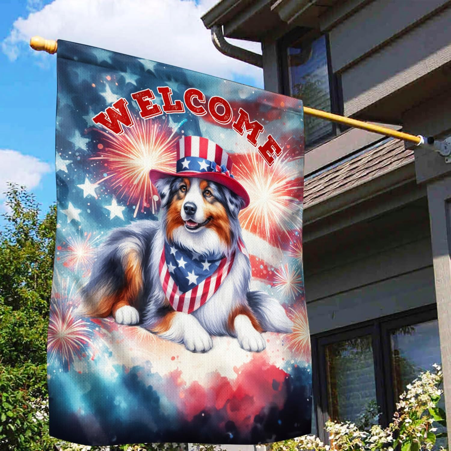 Australian Shepherd Patriotic Welcome for 4th of July Independence Day House Flag 28x40in Double Sided Aussie Dog Lover Gifts Idea Outdoor Decor - 010