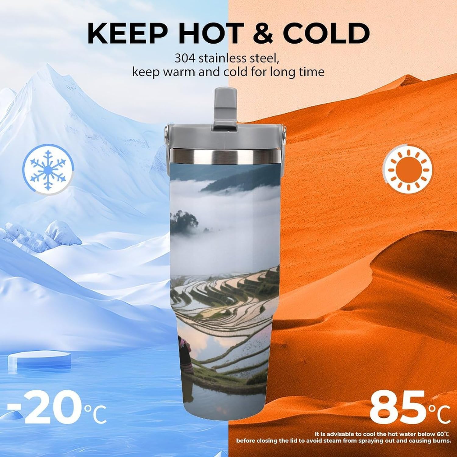 30 Oz Insulated Mug with Handle Lid And Straw Hani Terraces And Sea of ​​clouds Pattern Large Metal Sports Bottle Great for Gifts Parties Office Coffee