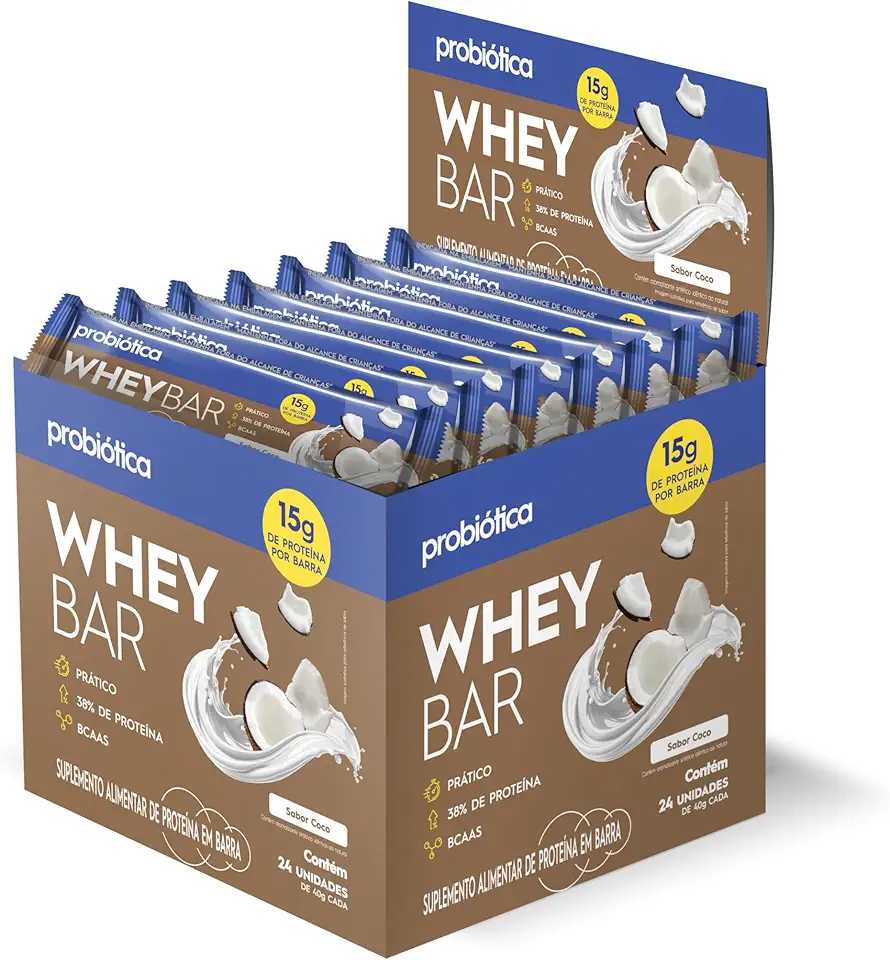 Whey Bar Low Carb (960g) Caixa 24 Unidades - Sabor Coco, Probiótica