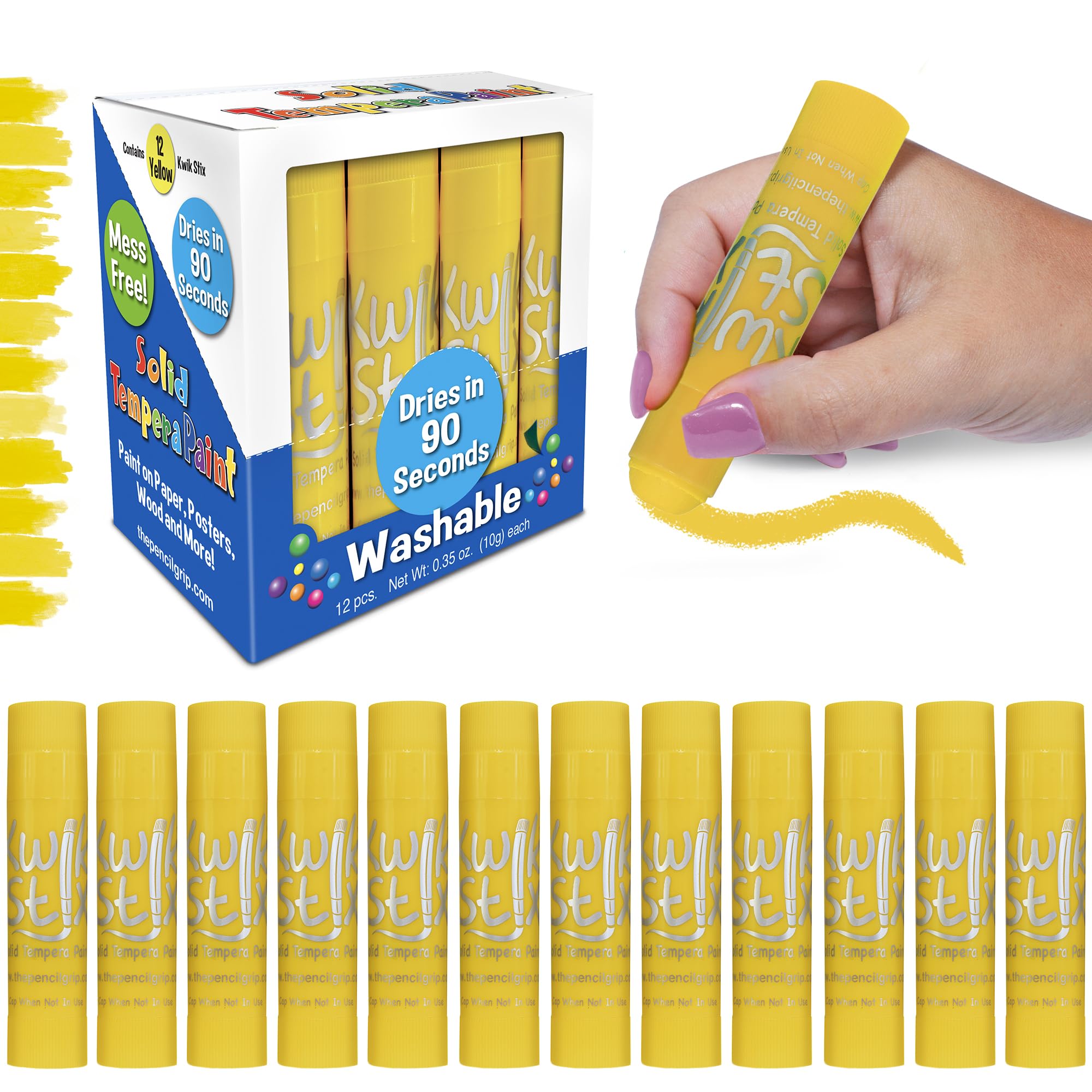 Kwik Stix Solid Tempera Paint Sticks – 12 Pack of Yellow – Same Color Washable, Quick Dry (90 Seconds), ASTM Certified, Non-Toxic, Allergen-Free Kids & Toddler Art Supplies for Home, School & Crafts