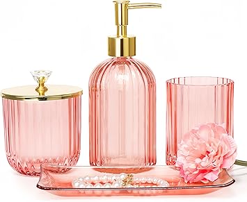 Amazon.com: Pink Bathroom Accessories Set, 4Pcs Glass Bathroom Decor ...