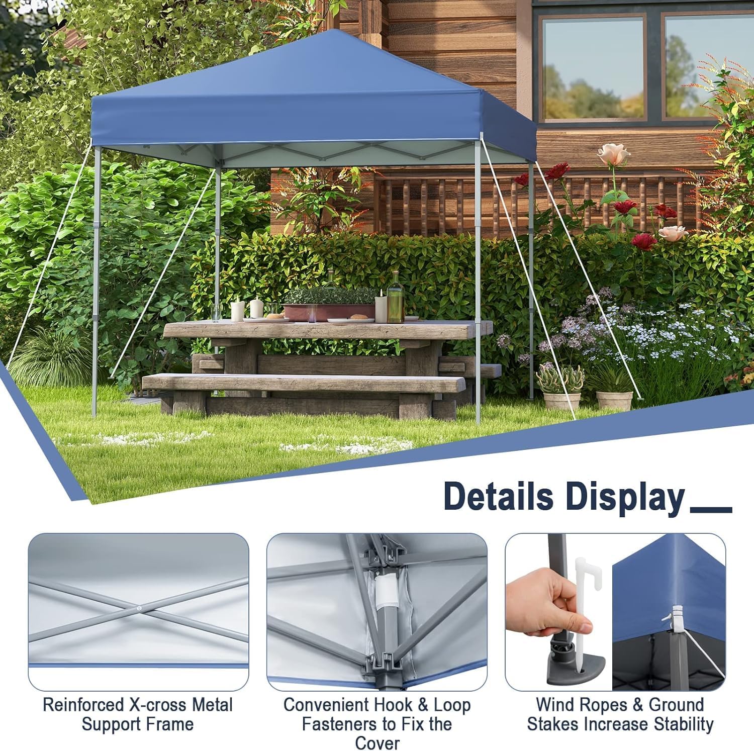 LDAILY 6.6 x 6.6 Ft Pop Up Canopy, Portable Canopy Tent Heavy Duty Instant Canopy w/Center Lock, 8 Stakes, 4 Ropes, Carry Bag, Sun Protection, Easy Up Outdoor Canopy for Party, Camping, Patio (Blue)