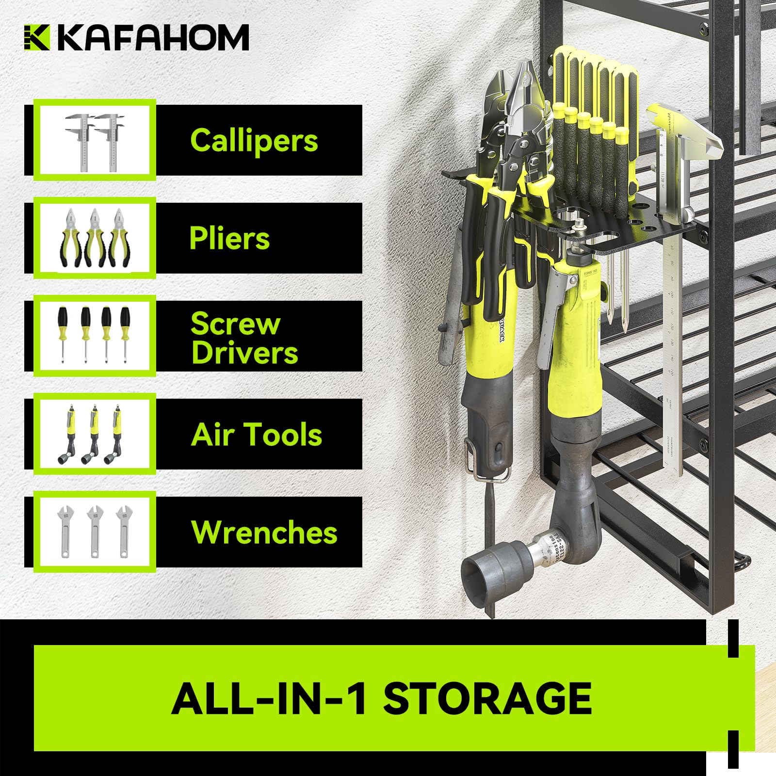 KAFAHOM Organizador grande de herramientas eléctricas de pared, soporte de 13 taladros para garaje, estante de herramientas eléctricas de 4 capas, organizador de herramientas y almacenamiento con 2