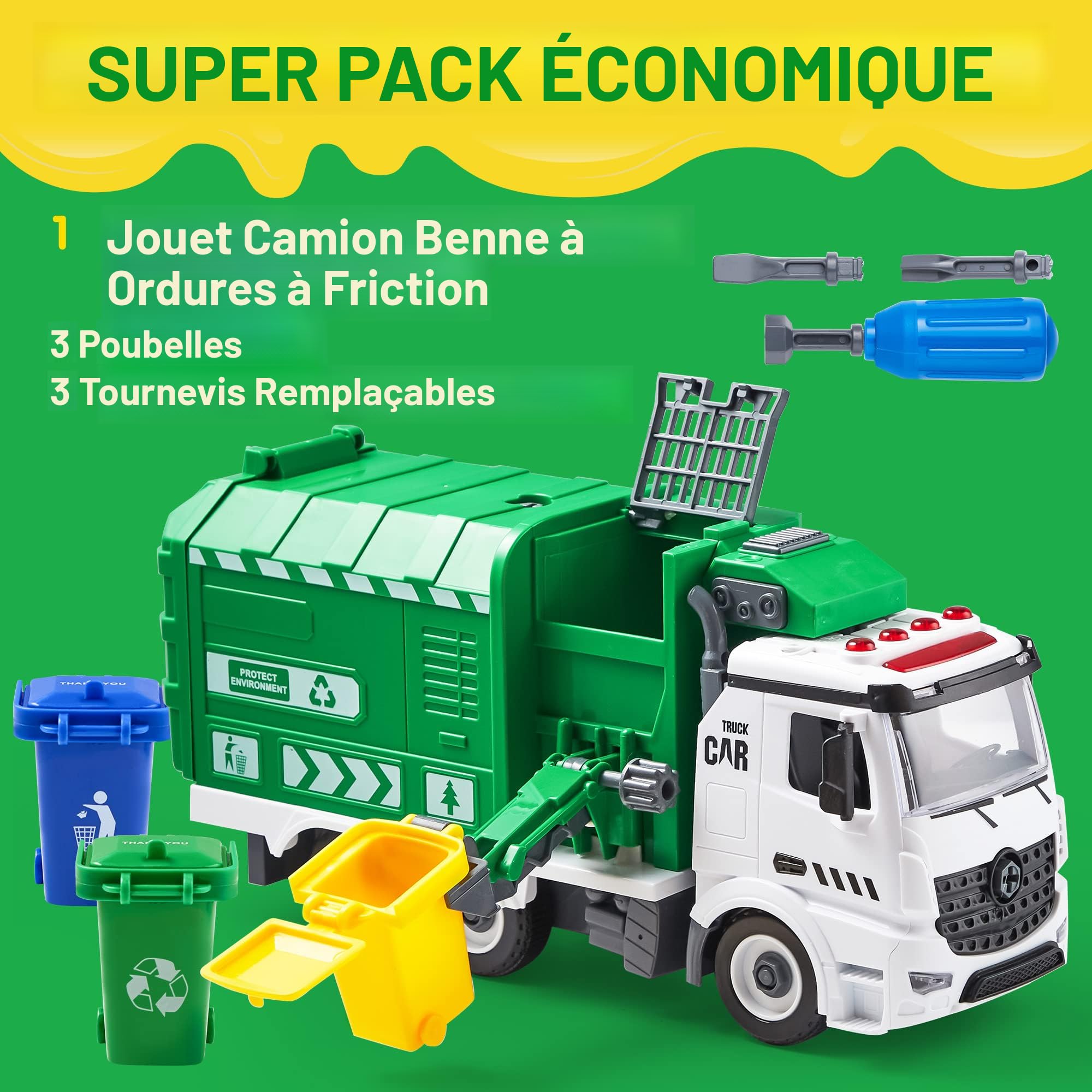 Charmofun Camion Poubelle Jouet – Levage électrique, Lumières, Sons, Plan De Ville, Cadeau 3-6 Ans