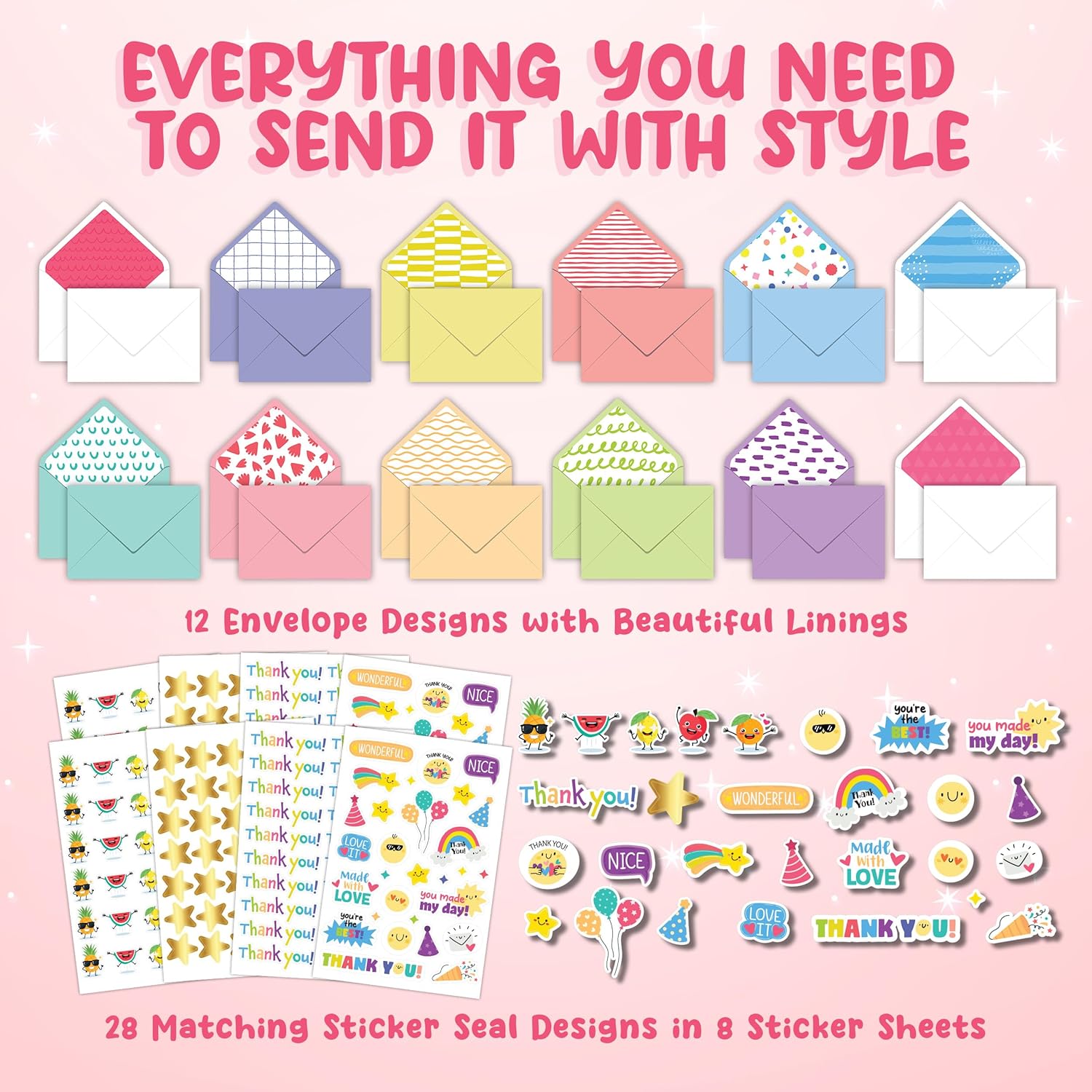 Decorably 36 Pack Postcard-Style 6x4in Kids Thank You Cards Fill In The Blank with Envelopes and Stickers - 12 Adorable Designs with Rounded Corners for Boys & Girls - Kid's Party, Gifting, Mailing - Image 8