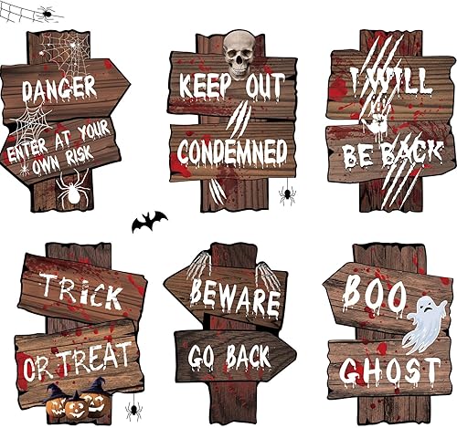 Decoraciones de Halloween con texto en inglés Beware Yard Sign para exteriores, 6 piezas de letrero de advertencia que brilla en la oscuridad,