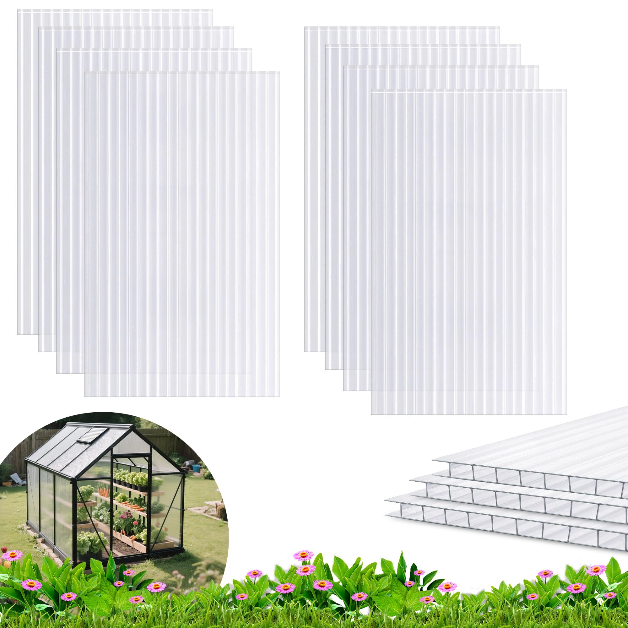 Photo 1 of Quibbay 8PCS 10' x 6' x 0.16'' Polycarbonate Greenhouse Panels Sheets, Twin-Wall Roof Panels, Waterproof UV Protected Corrugated Plastic Roof Panels Sheets, Clear Replacement Panels for Greenhouse