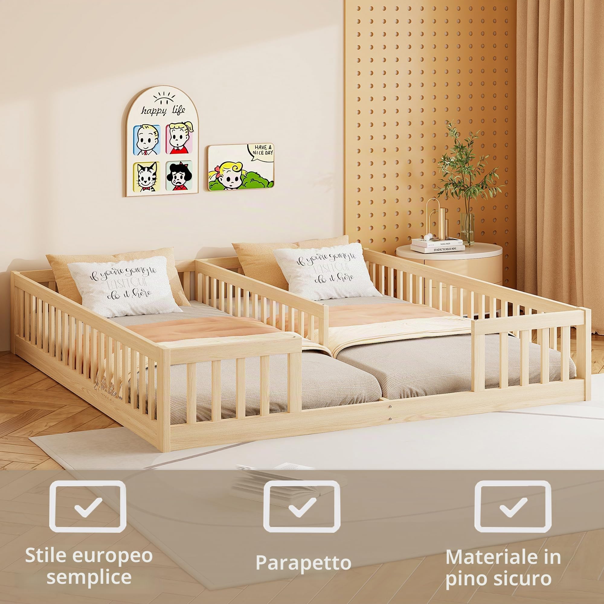 Soweiz Letto a pannello 90 x 200 cm, con ringhiera, con rete a doghe (senza materasso), per famiglie con due bambini, legno di pino (naturale)