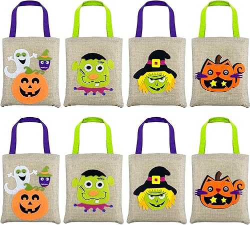 YJUBAOA Paquete de 8 bolsas de golosinas de Halloween con asas para dulce o truco, bolsas de arpillera para fiesta, bolsas pequeñas reutilizables de
