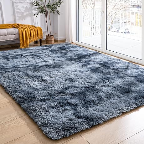 Softlife Shaggy Blue Furry Area Rug for Living Room Decor