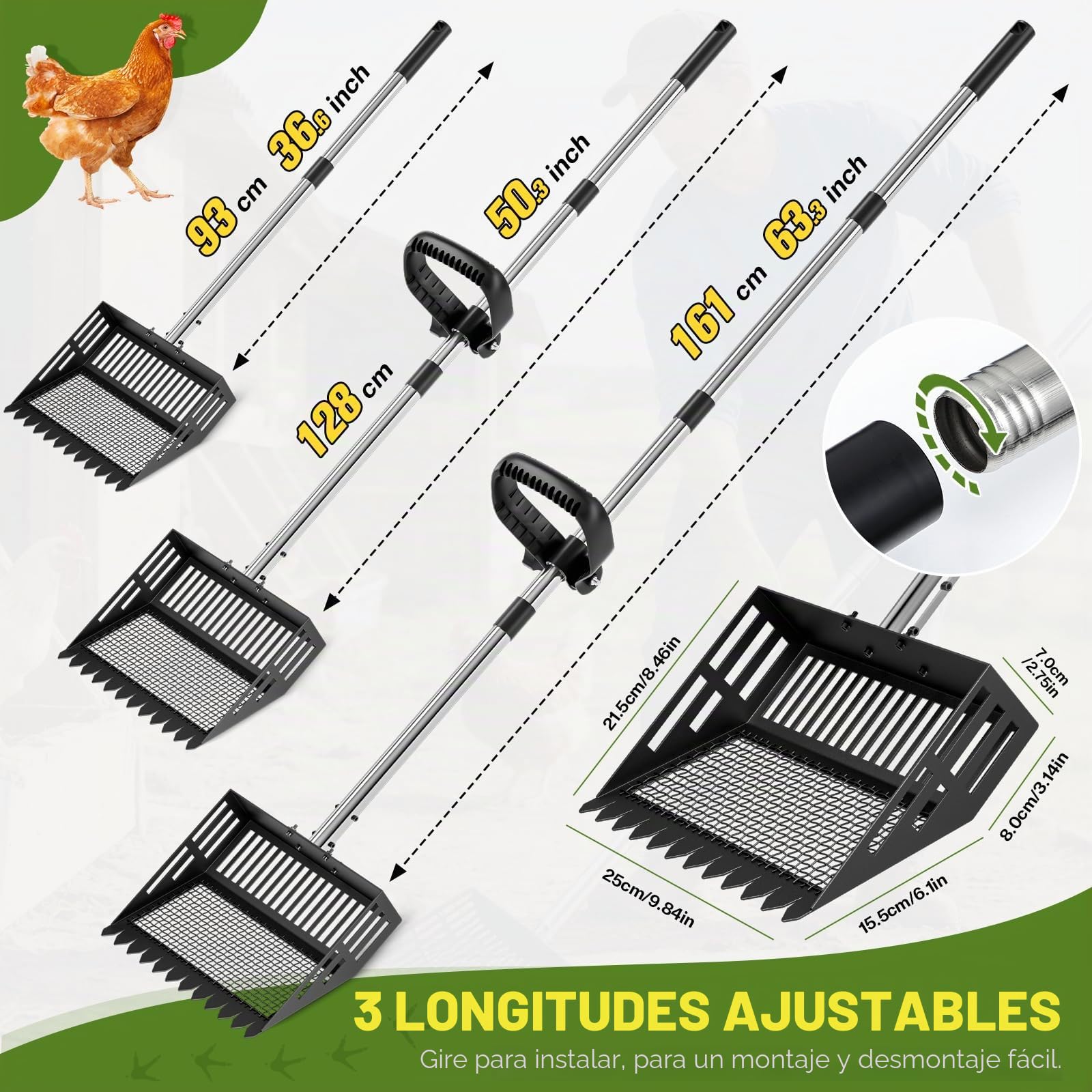 Recogedor de Excrementos de Pollo de 25 cm de Ancho, Recogedor para Gallinero 4 en 1, Recogedor Eesmontable para Cribar Excrementos, con Mango de 60-160 cm de Largo para Gallinero, Establo