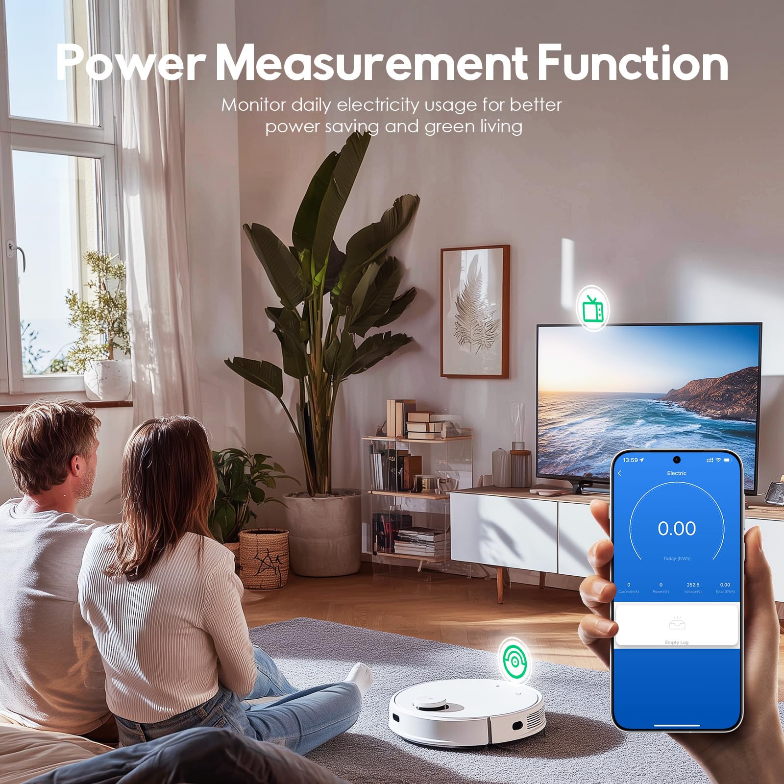 Prise intelligente Wi-Fi en verre, 2 gangs, 157 x 86 mm, prise murale intelligente avec fonction de mesure de l'électricité, charge rapide USB-A/C de 20 W, 2,4 GHz, blanc