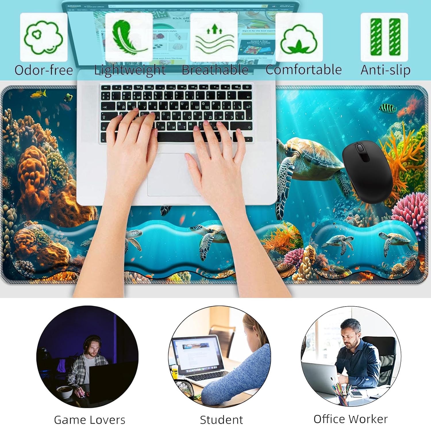 Keyboard Wrist Rest+Mouse Wrist Pad+Desk Pad Set,Memory Foam Ergonomic Easy Typing Pain Relief for Computer Laptop Office Home - Cute Turtle