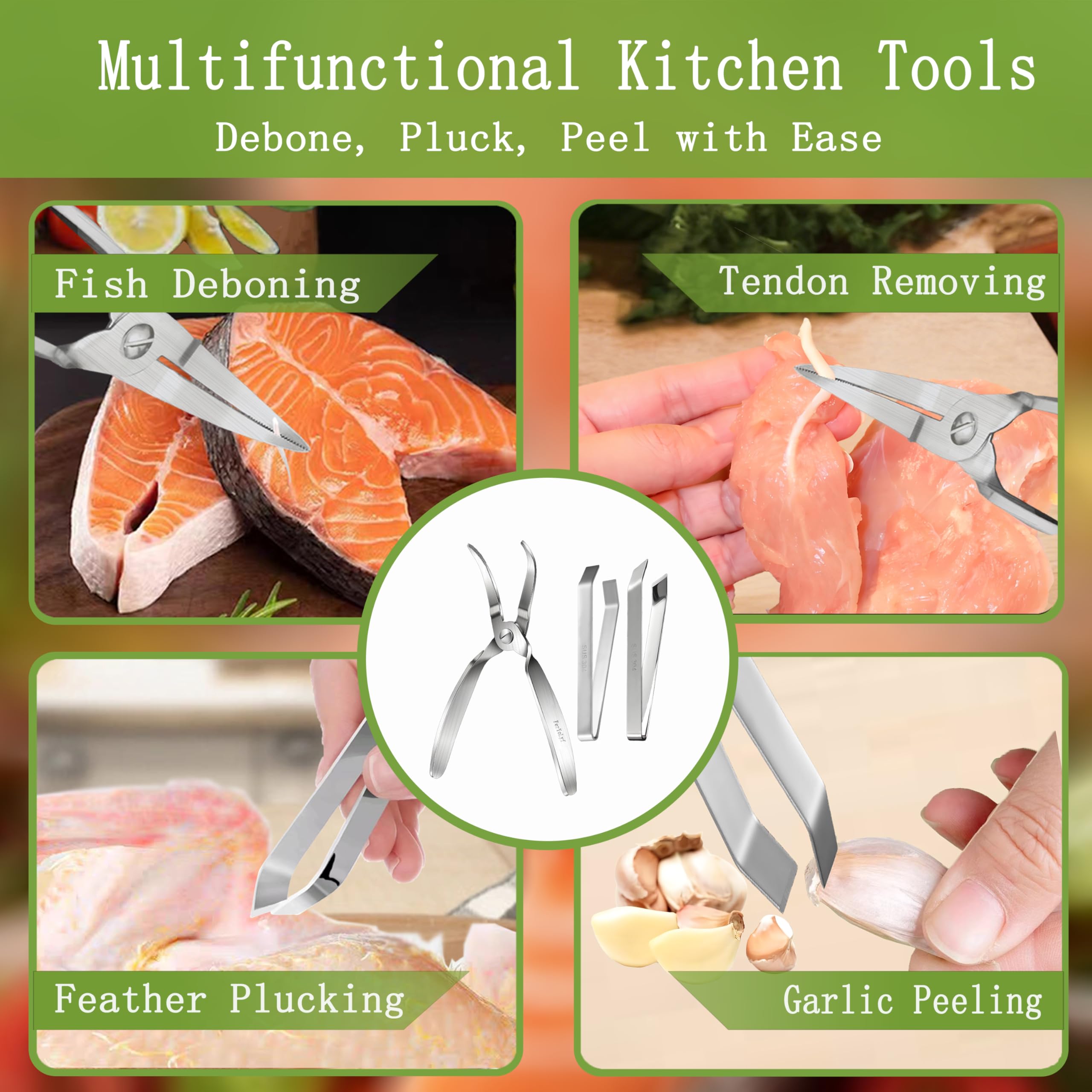Fischgrätenzange/Pinzette, 304 Lebensmittelqualität, Edelstahl, Entbeinungswerkzeug-Set für alle Arten von Fischen (3 Stück)