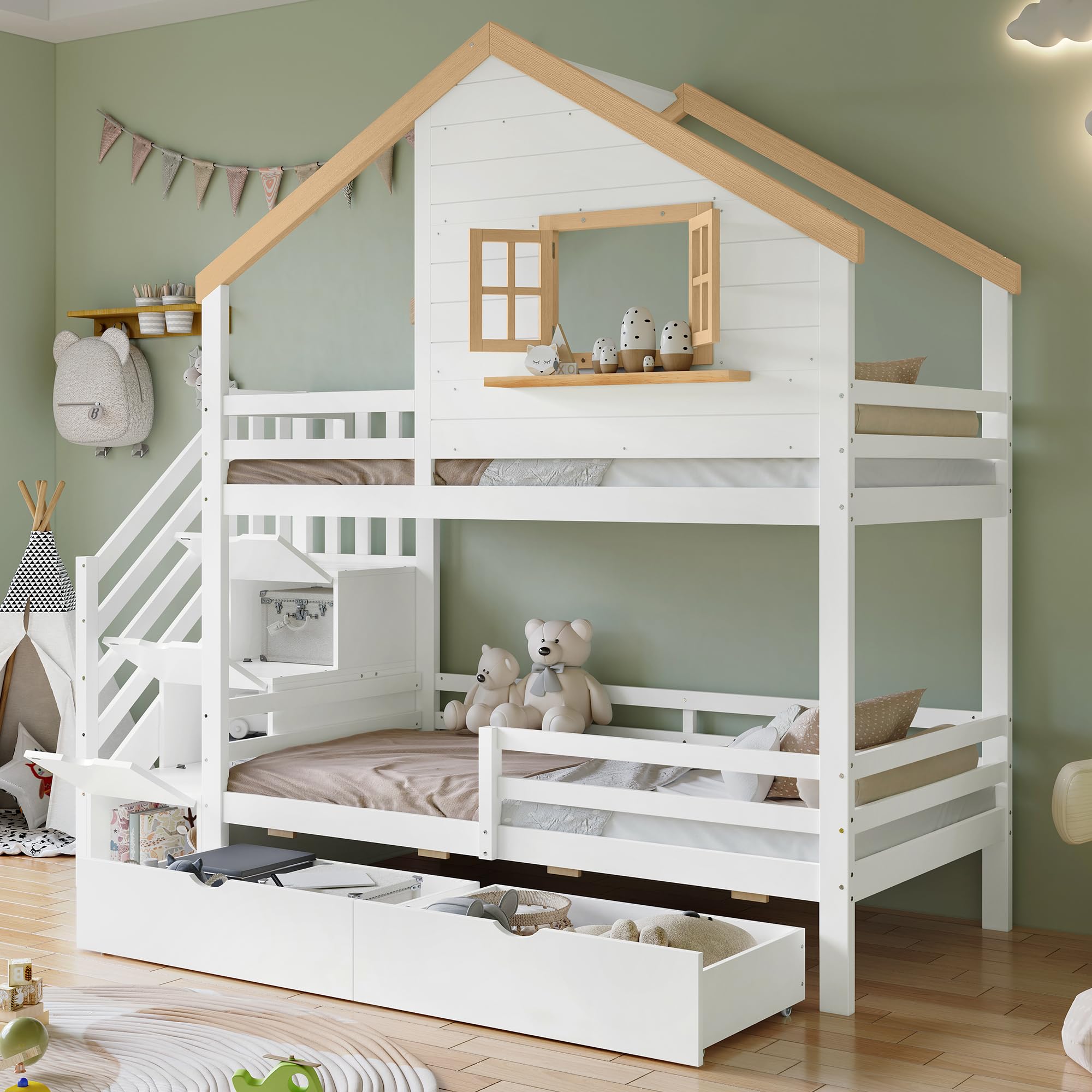 Litera Infantil para Niños 90x200 cm, Cama Alta con 2 Cajone, Litera Doble Matrimonio con Escalera Espacios de Almacenamiento, Cama Infantilen Forma de Casa con Ventana que se abre, Sin colchón