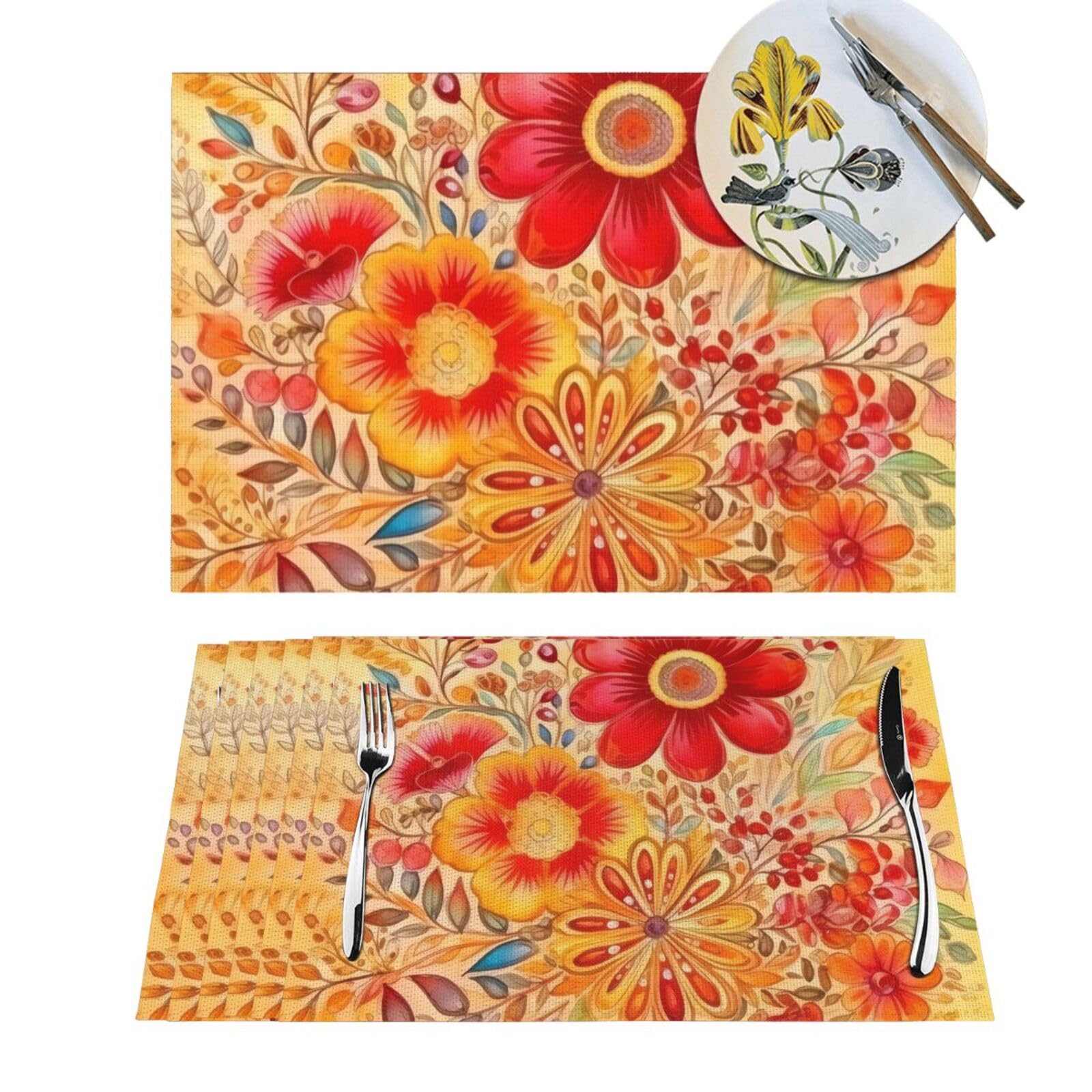 Sets de table tissés anti tache lavables à motif floral