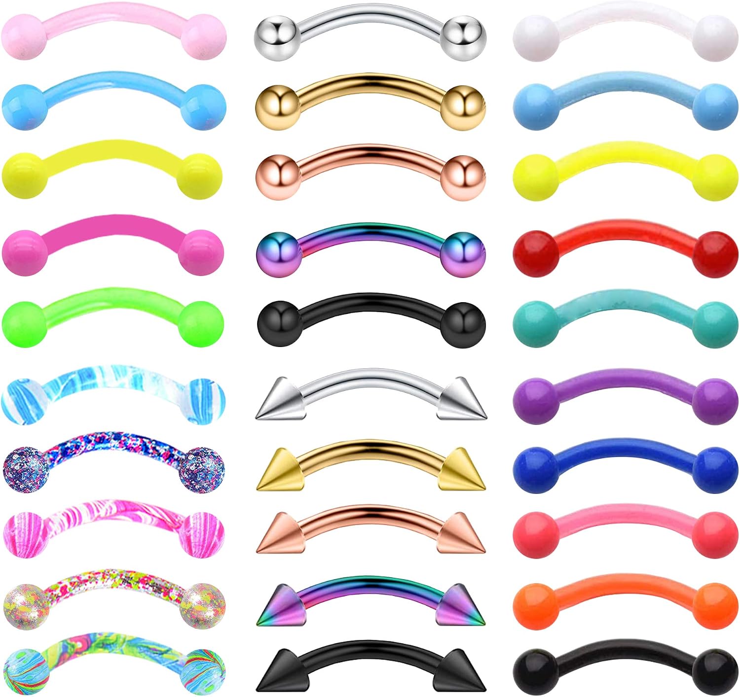 20-48Pcs 16G Eyebrow Piercing Rook Curved Barbell Kit Eyebrow Tragus Lip Rings for Women Men 8-10mm