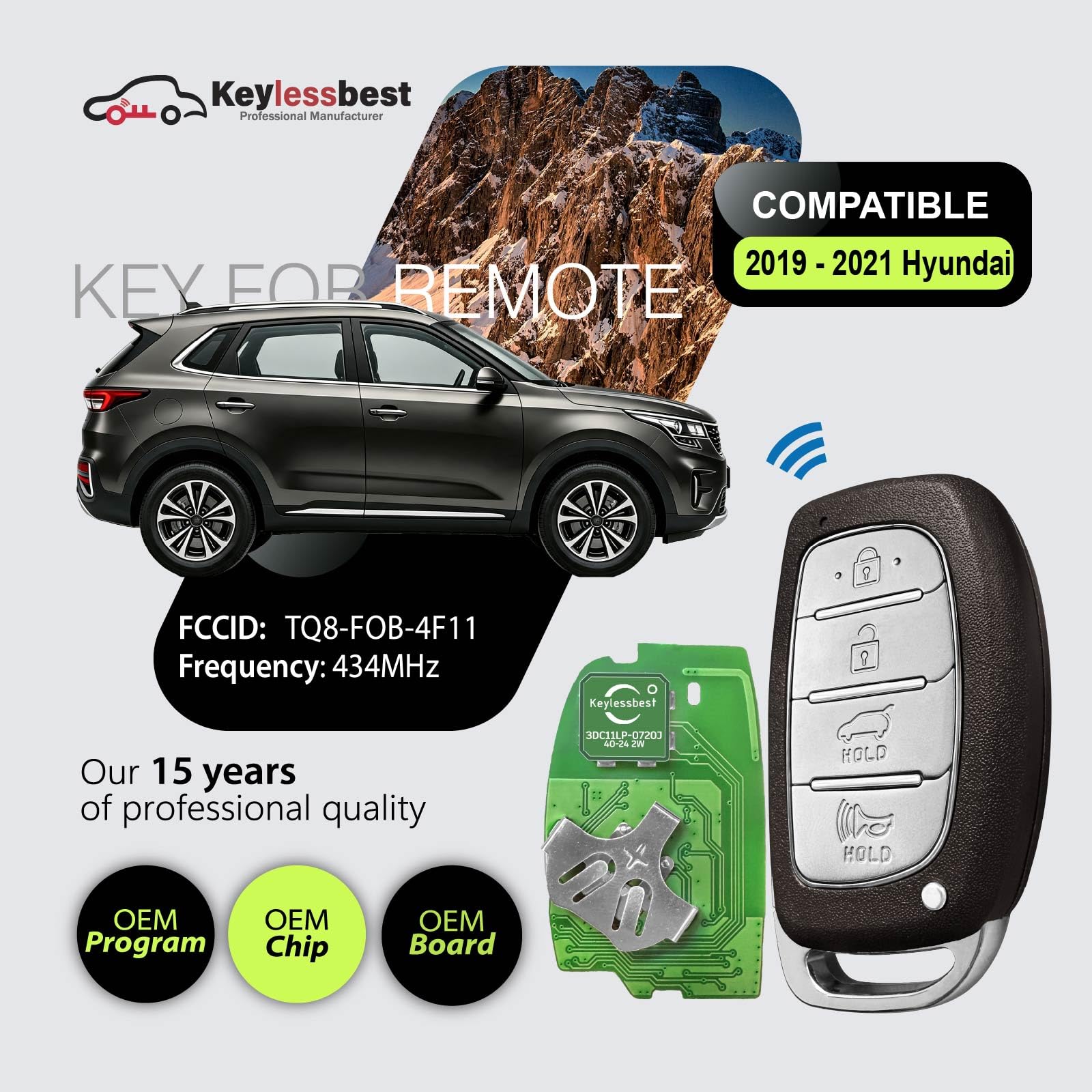 2 Keylessbest - Telecomando di ricambio per Hyundai Tucson 2019 2020 2021 TQ8-FOB-4F11 4 pulsanti 434 MHz