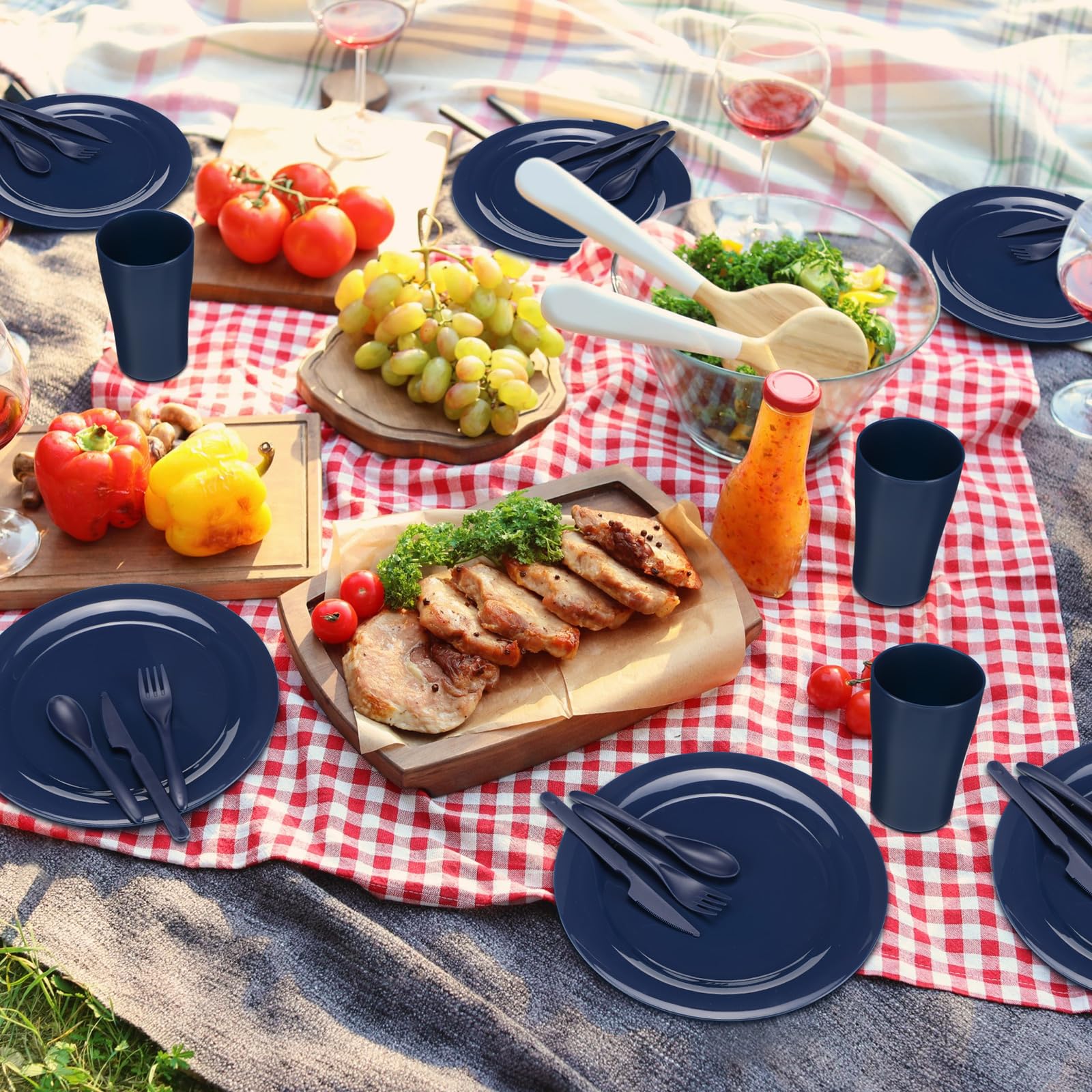 Tioncy Set di 4 posate da campeggio da 29 pezzi, set da tavola da campeggio, infrangibili, piatti, tazze, ciotole, coltelli, cucchiai, forchette, utensili con borsa nera, per viaggi, picnic,