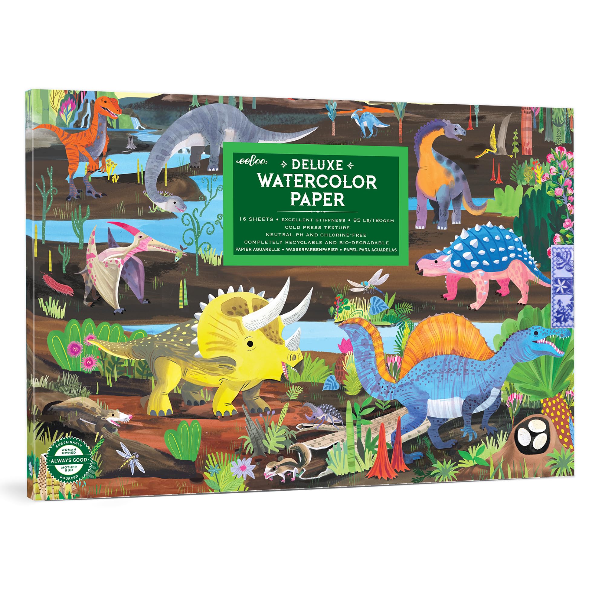 eeBoo: Dinosaur Watercolor Pad - 16 Sheets, 85 lB Paper, 9.5 x 6.5 Book, Neutral PH & Chlorine-Free, Painting Art Supplies, Kids Age 3+