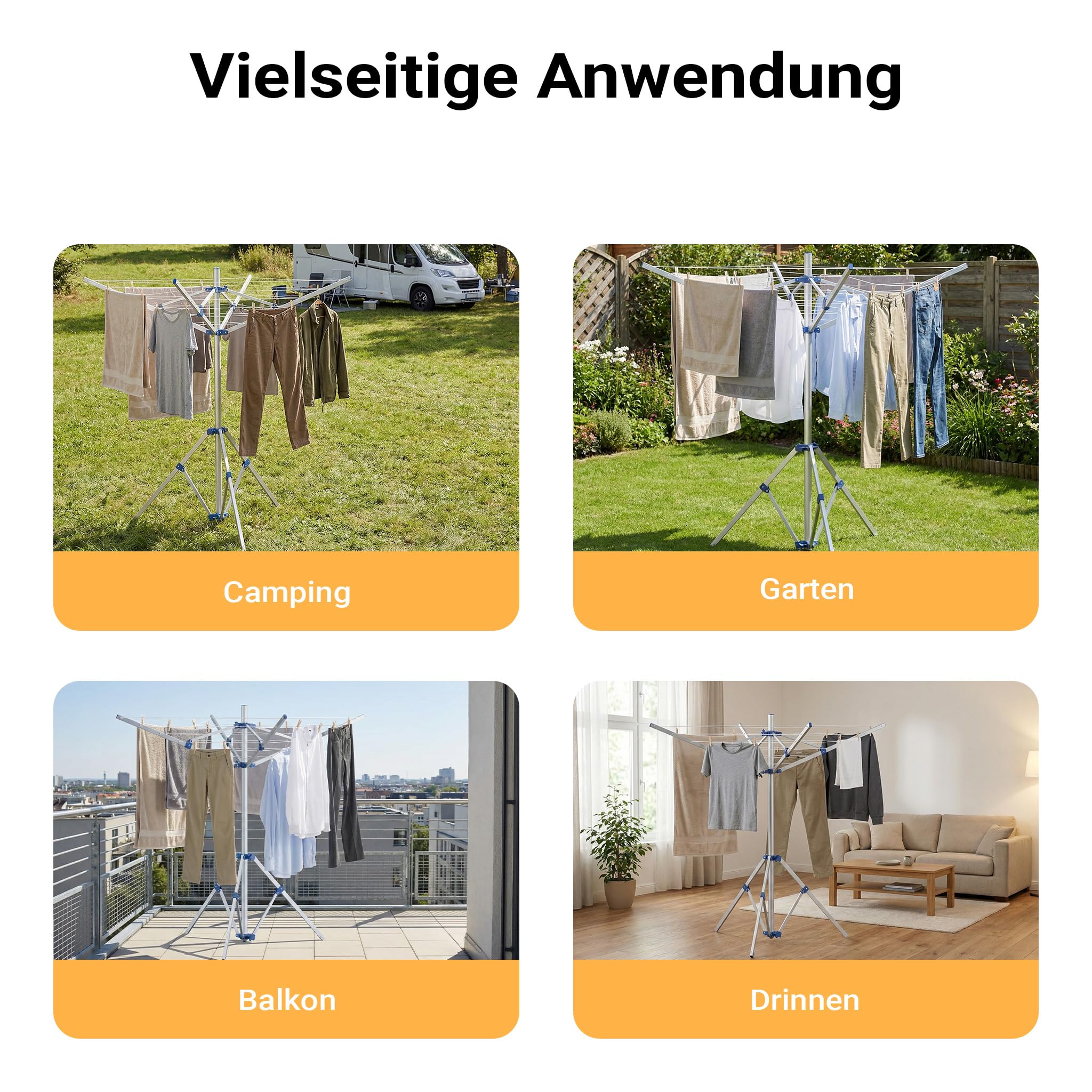 Wiltec Mobile Wäschespinne mit 4 Armen 16 m Wäscheleine Wäscheständer Alu Höhe 155cm Wohnwagen Camping Klappbar Wohnmobil Reise