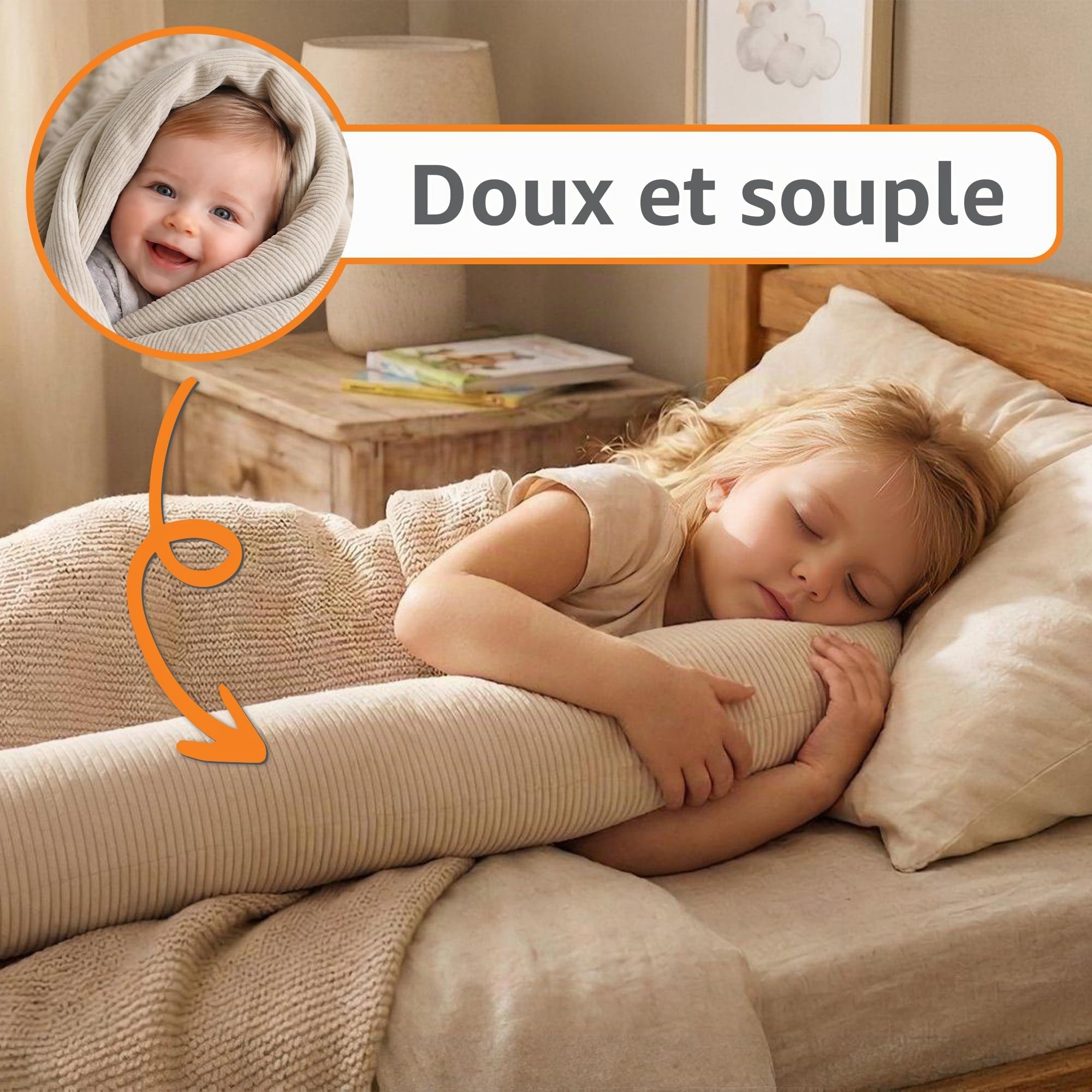 Totsy Baby Oreiller Corps Dormeur Latéral 400 cm Velours côtelé Long Coussin Ergonomique Respirant Lavable de Couchage Soutien Cou Confort Certificat Oeko-Tex Gris C