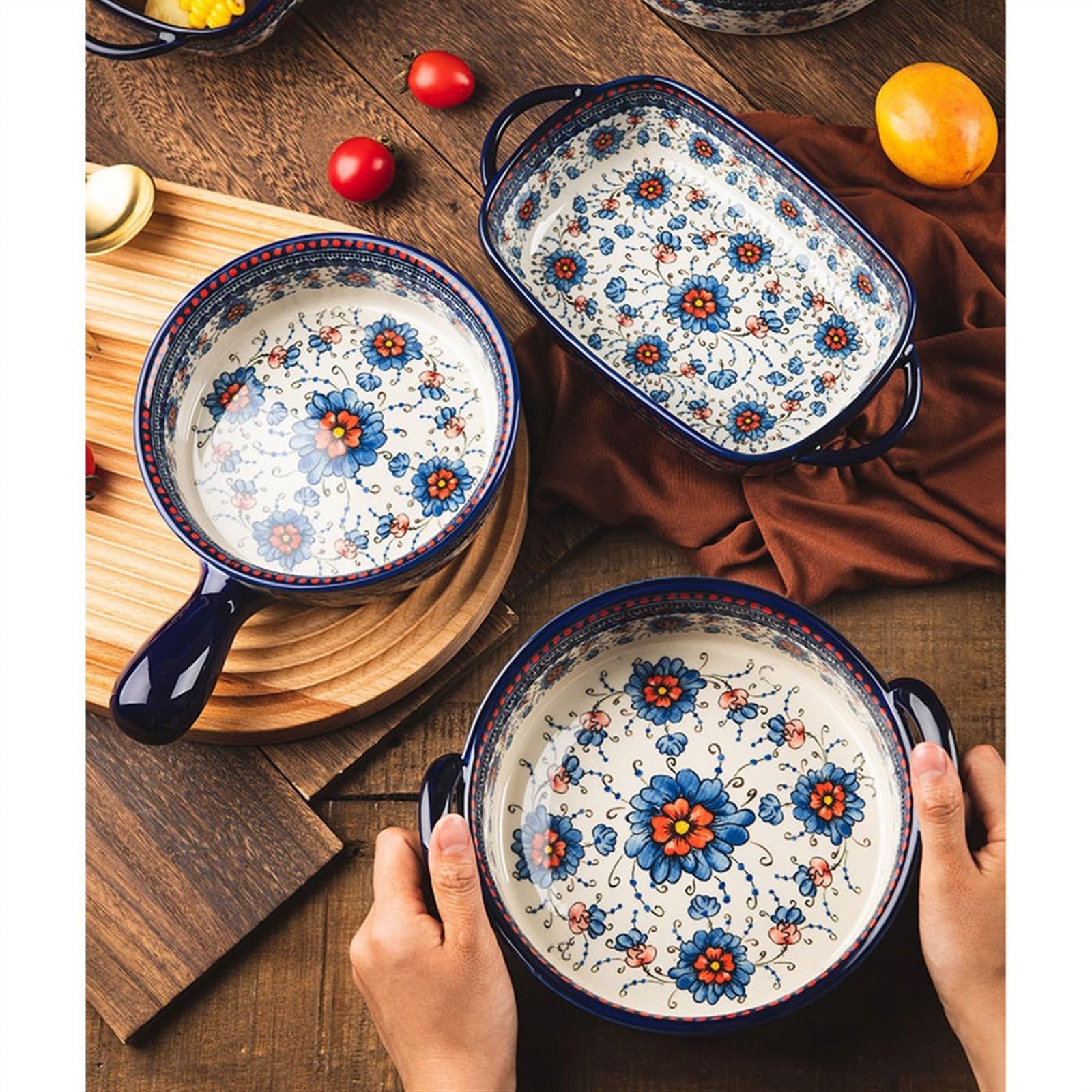 Zastawa stołowa,Pieczenie Naczynia do pieczenia na zapiekanki Vintage ceramiczne naczynie do zapiekania Uchwyt do użytku domowego Miska Zastawa stołowa Kreatywna Miska z podwójnym uchem Miska na zupę