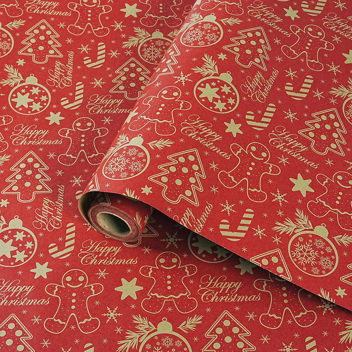 Christmas Wrapping Paper Roll 43cm x 10m, Recyclable Red Kraft Xmas Wrapping Paper Roll, Vintage Red and Brown Gift Wrap Paper for Women Men Boys Girls Christmas New Year Winter Holiday Birthday Party