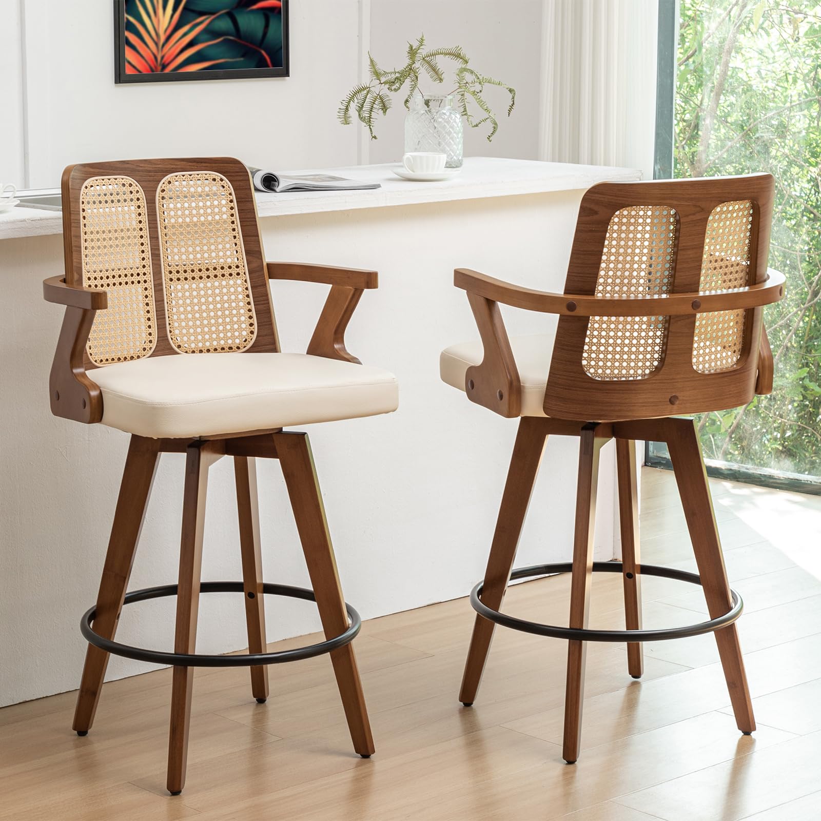 Mid-Century Rattan Swivel Counter Stools