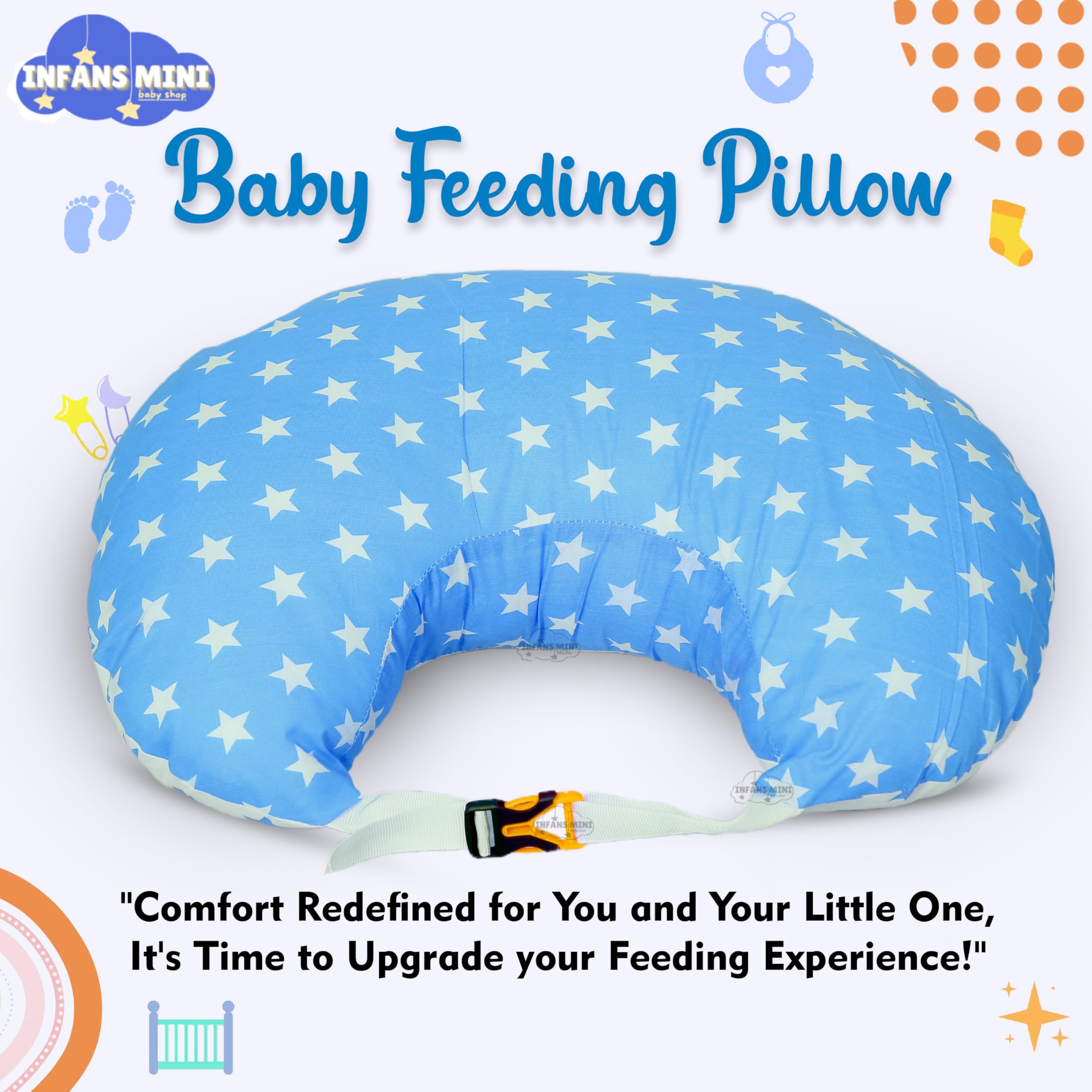 Infans Mini Baby Feeding Pillow Cotton|Maternity Feeding Pillow Portable & Adjustable|Nursing Pillow for Mother and New Born Baby (Star Blue)