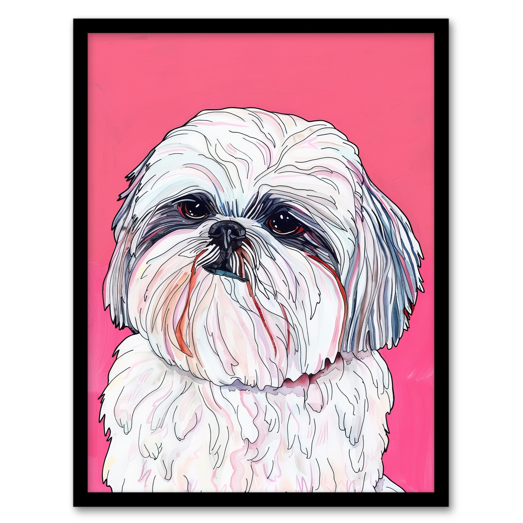 Artery8 Adorable Shih Tzu Dog Lover Vibrant Pink Portrait Living Room Artwork Framed Wall Art Print A4
