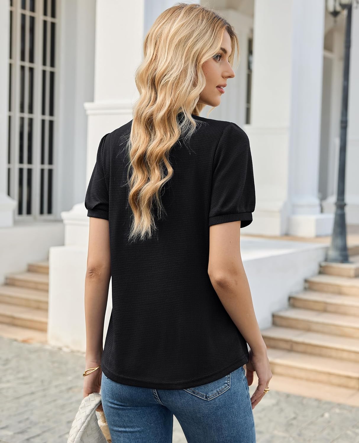 siliteelon Womens Short Sleeve Waffle Blouses Henley V Neck Tunic Shirts Dress Casual Work Button Up Summer Trendy Tops - Image 3