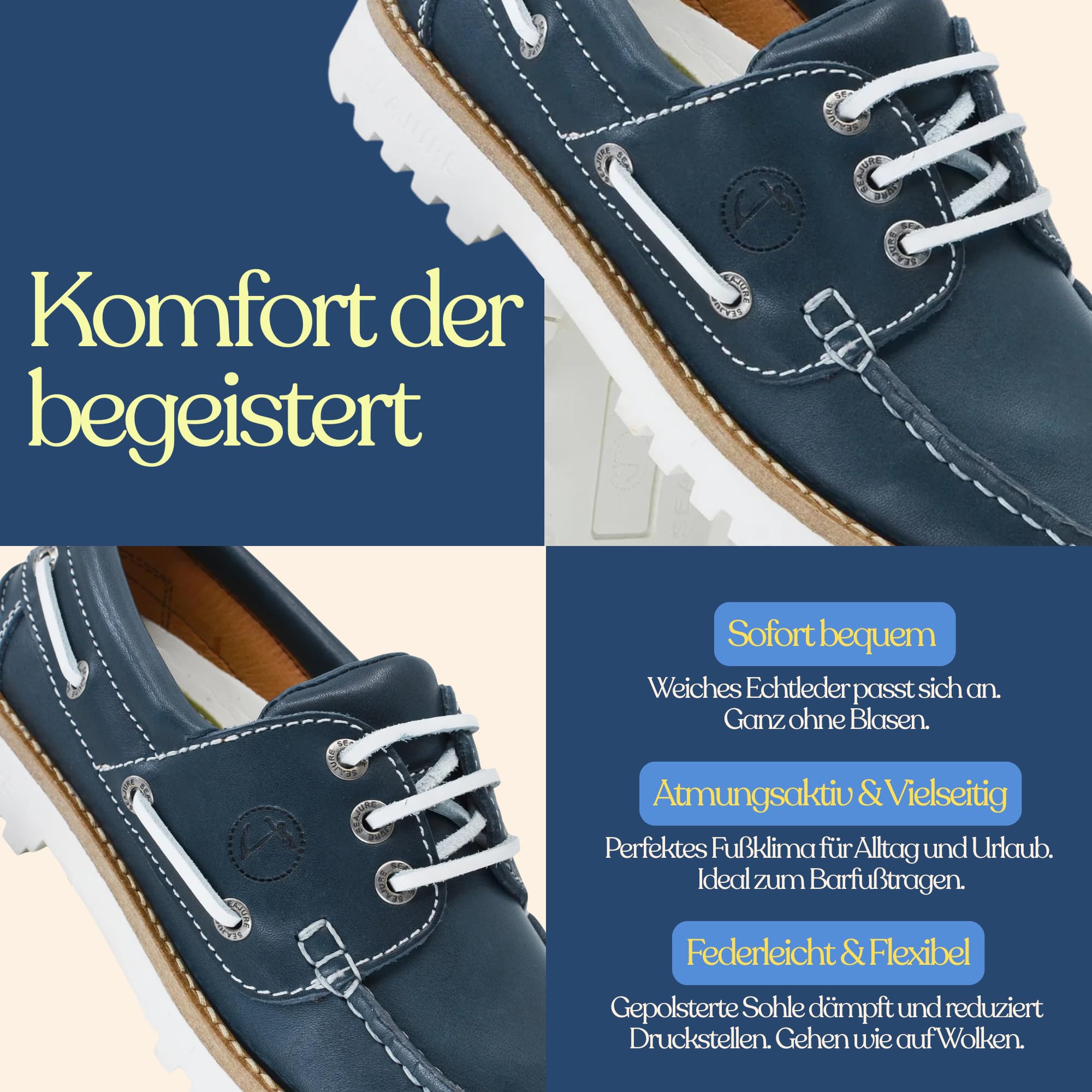 Seajure Sibang Bootsschuhe Damen Leder, Handgefertigte Segelschuhe und Mokassins, rutschfeste Gummisohle, Bequeme Maritime Sommer Slipper, Leichte Echtleder Schuhe in Marineblau/Weiß