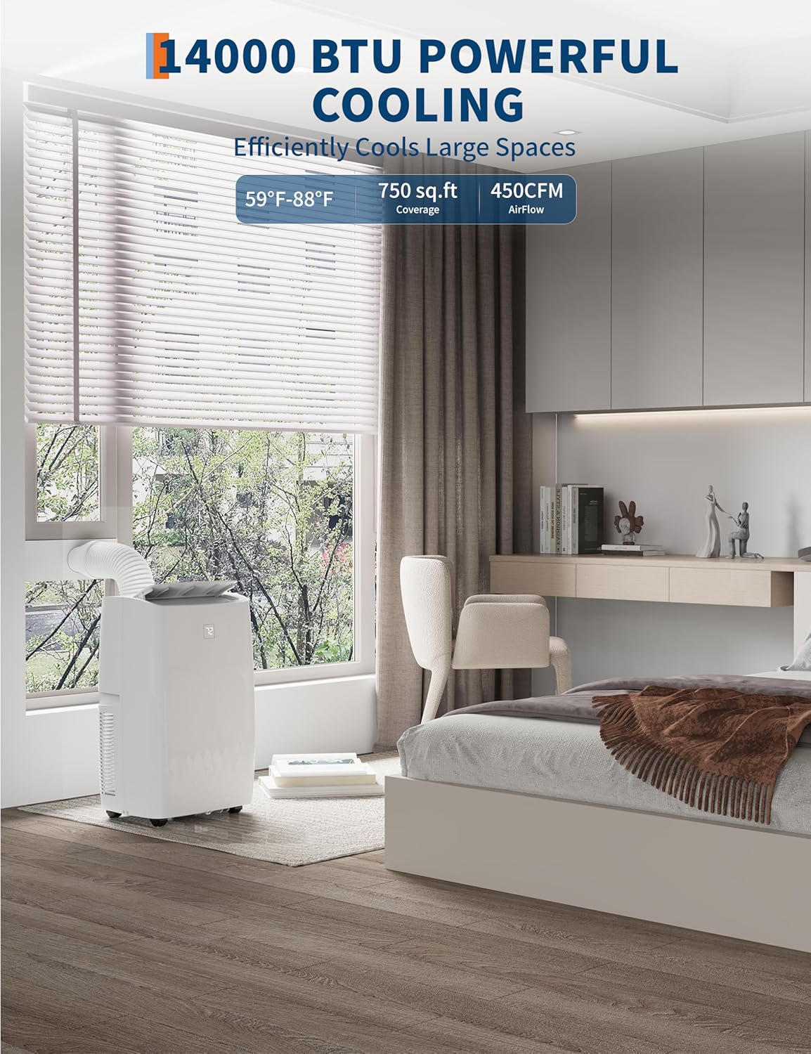 14,000 btu portable air conditioner for room up to 750 sq.ft, 4 in-1 ac unit with cooling, fan, dehumidifier & sleep mode, remote control & window kit included for home, office, apartment,black top