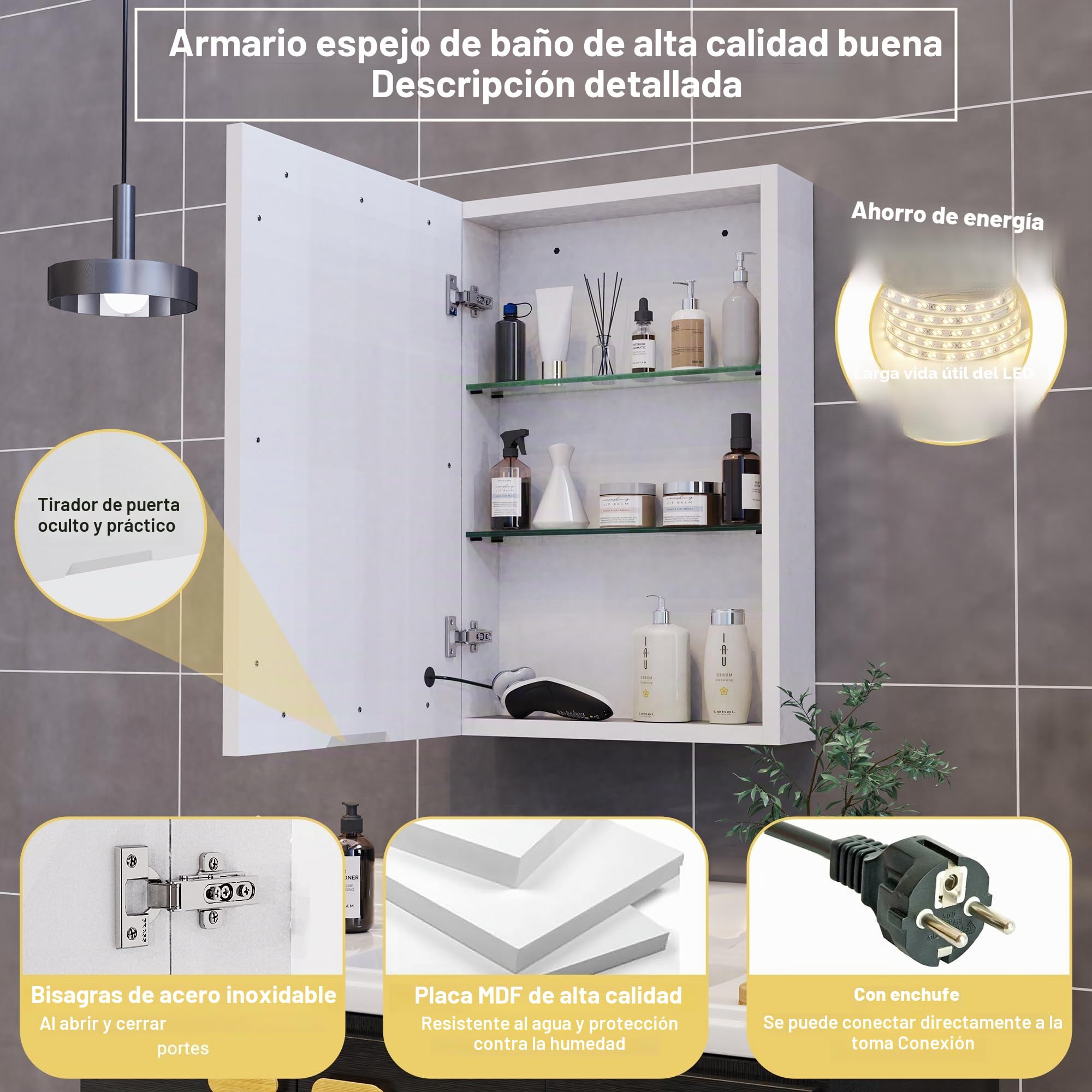 Armario de baño con espejo y LED Iluminación de puerta simple 50 cm, armario de baño espejo de baño tres tipos de luz regulable estantería, ajustable (blanco, 50 × 13 × 70 cm)