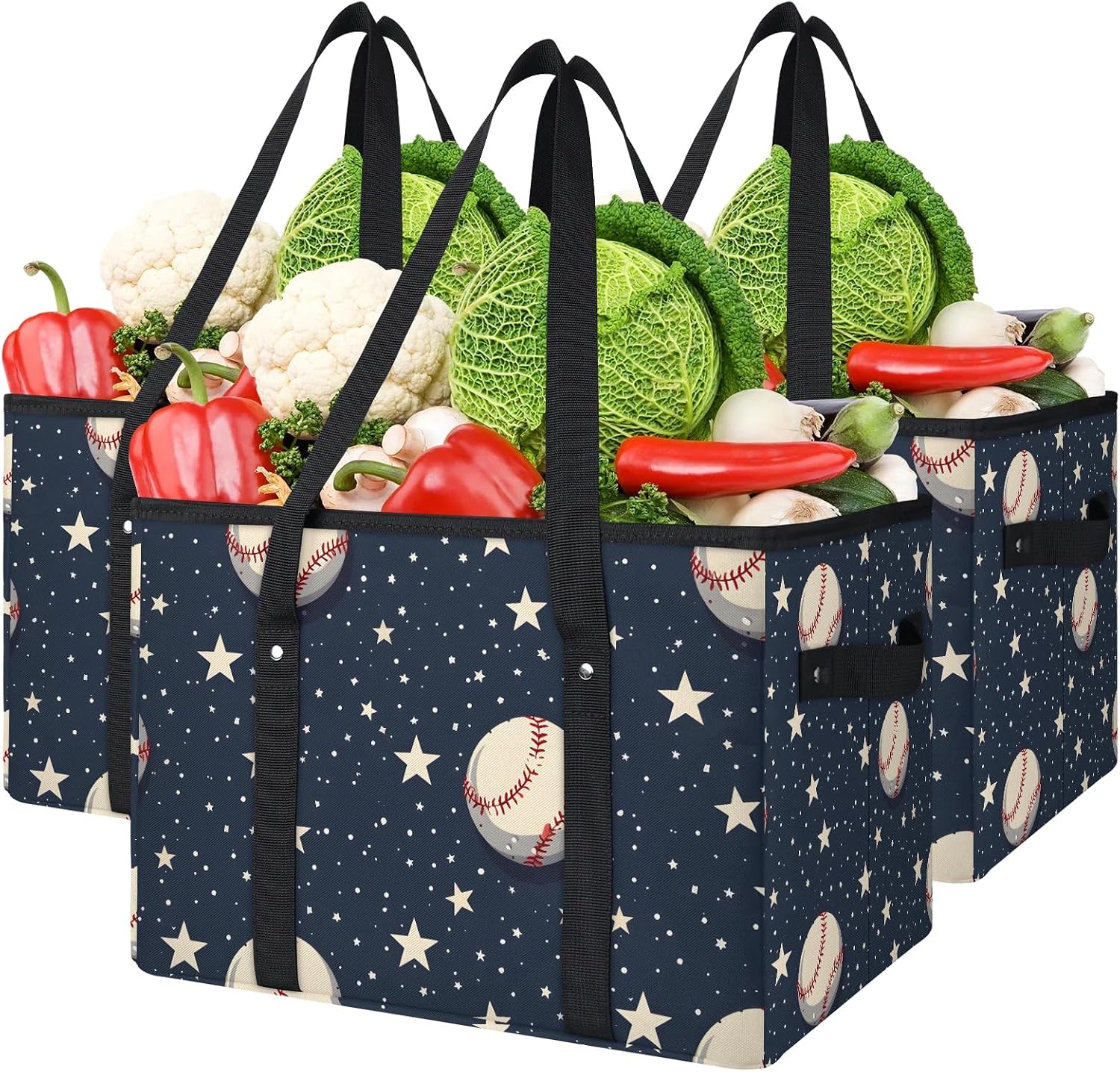 Fantastic Baseball Reusable Grocery Bags Foldable Shopping Bags Storage Bins Basket Large Grocery Tote Bag Foldable Shopping Bag with Reinforced Bottom & Handles for Clothes Shoes Picnic, 1pcs