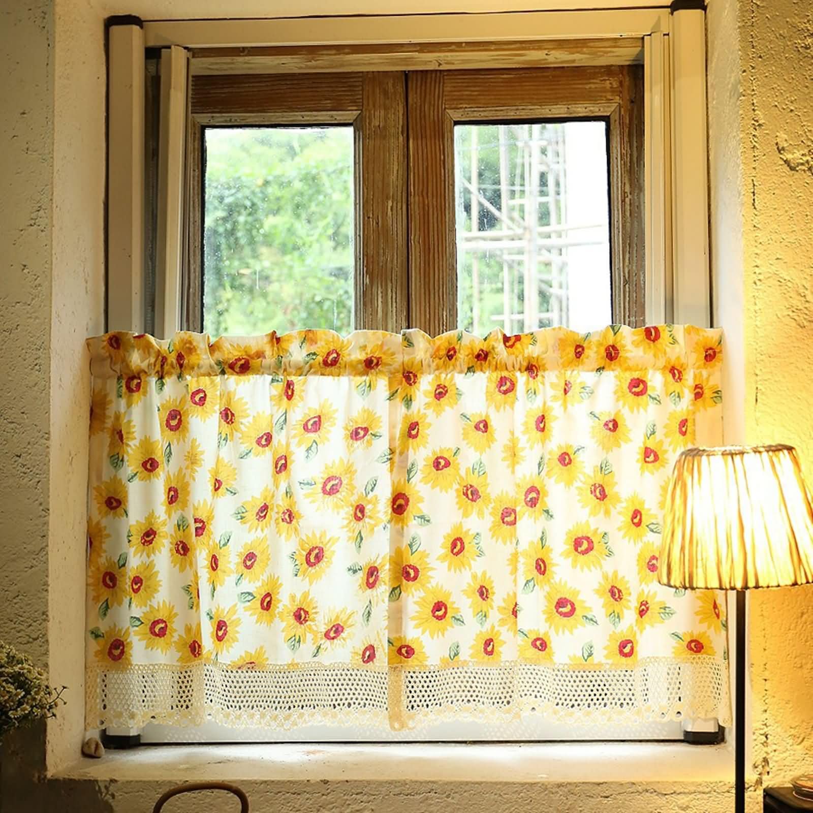 Zazdrostki, nowoczesne, zestaw 2 sztuk, do pokoju dziecięcego, 2 x 135 x 50 cm (wys. x szer.), zazdrostki bistro, czerwono-żółte, kwiatowy wzór z koronką, z kieszenią na pręt
