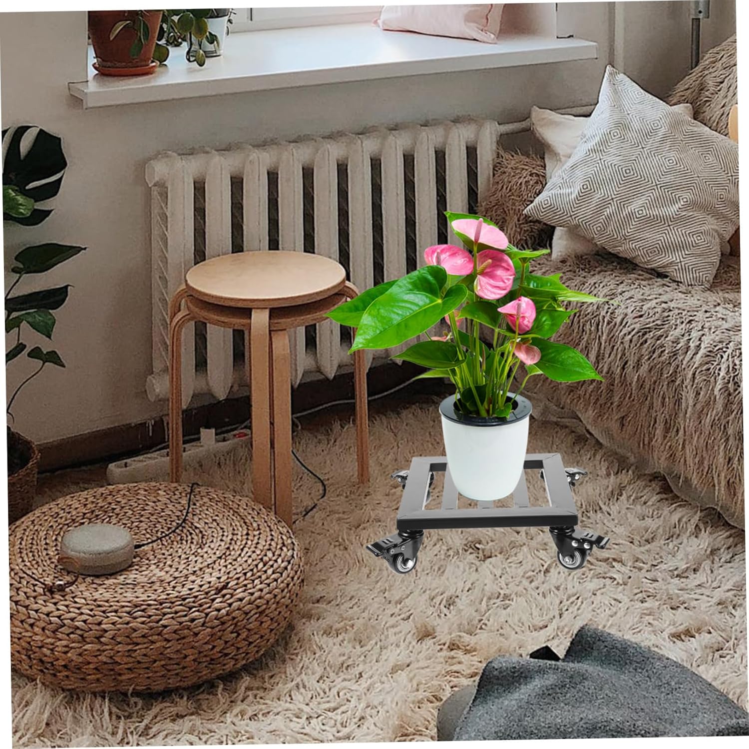 Rolling Plant Stand Wheels Metal Flowerpot Base for Use Planter Holder Black