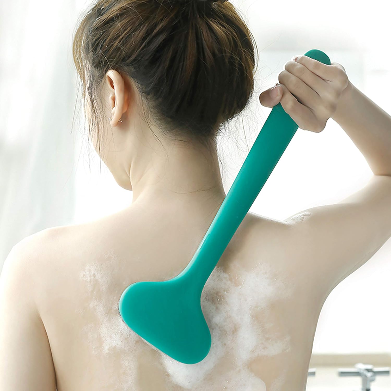 surlees Back Brush Long Handle for Shower, Back scrubber for Shower (15'', Green Handle White Bristles)