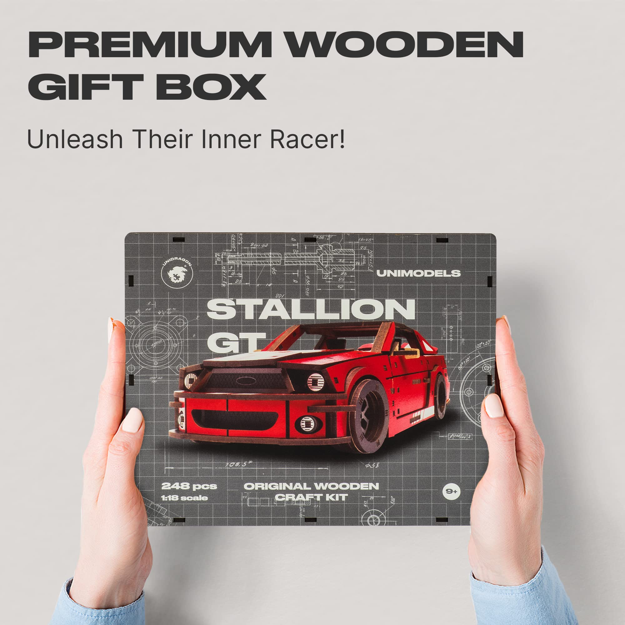 UNIDRAGON Original Wooden Jigsaw Puzzles for Adults Unimodels Stallion GT Red 248 Pieces, Assembled Car Model, Gift Box, Shaped Pieces, Wooden Puzzles for Adults