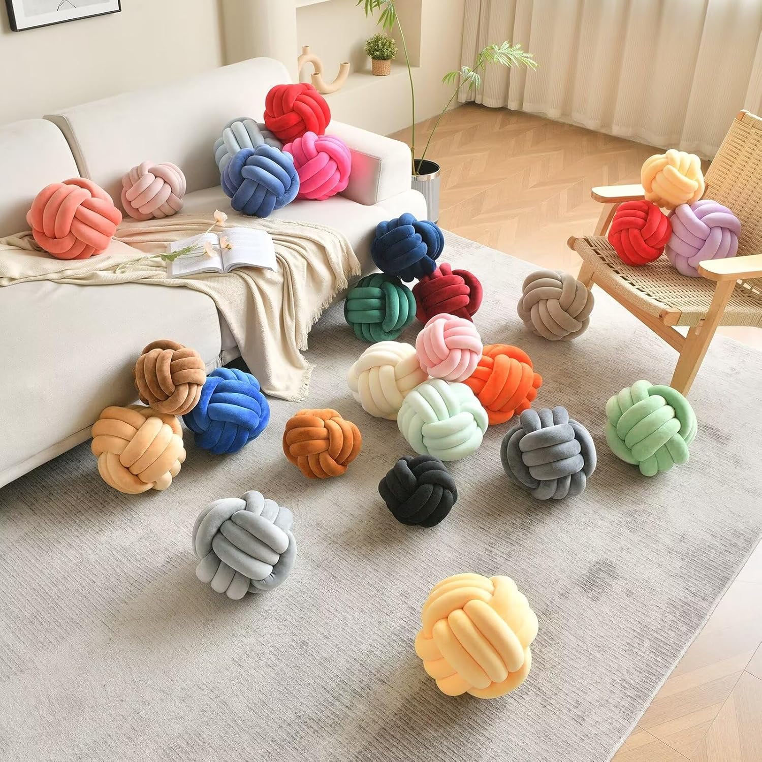 LUSJNGE Decorative Throw Knot Pillow Ball for Home Chair Sofa Couch Bed Aesthetic Round Velvet Knotted Pillow Cushion (Yellow, 11 inches)