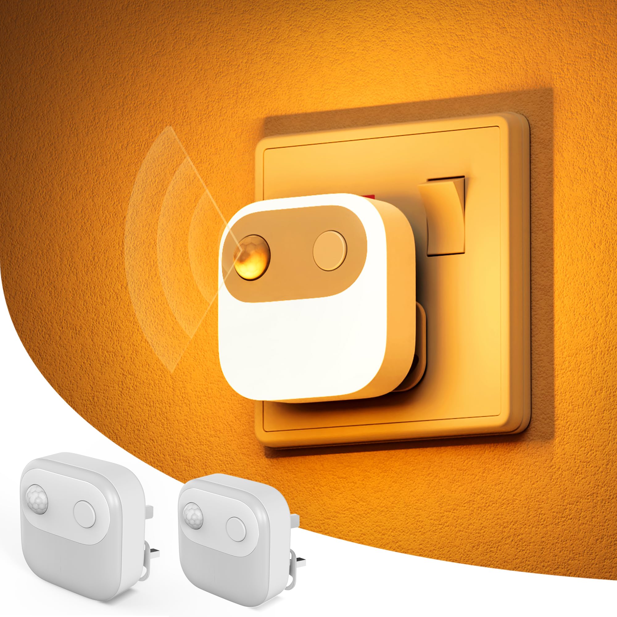 LOHAS-LED Motion Sensor Night Light, Night Light Plug in Wall with Dusk to Dawn Photocell Sensor, Adjustable Brightness(30/60/100LM), Nightlight for Hallway, Bedrooms and Kid's Room, Amber, 1W, 2 Pack — image 1