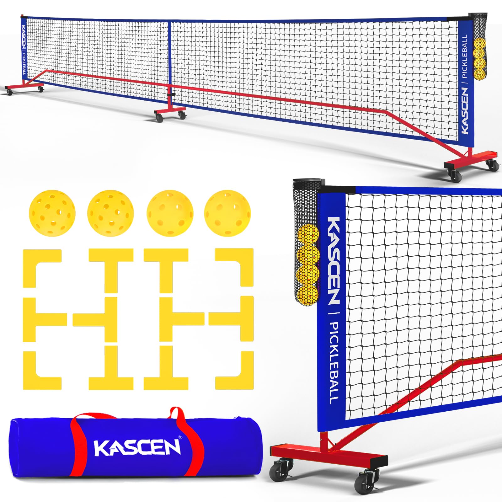22FT Portable Pickleball Net for Driveway - KASCEN Regulation Size Pickle Ball Nets with Wheels, Court Markers, Ball Holder, Carry Bag, 4 Pickleballs Indoor and Outdoor (Pink & Blue)