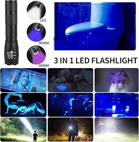 Miniatura 4 de KunHe Paquete de 2 linternas de luz negra, linterna de mano ultra brillante de 365 nm, luz negra UV con zoom de 395 nm, luz detector de orina de