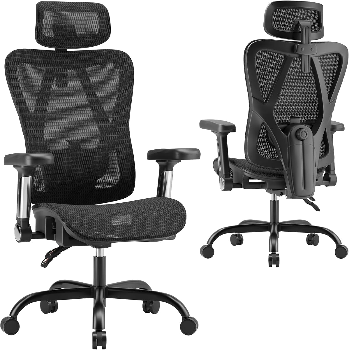 Ergonomic Office Chair, Full Mesh Desk Chair with 5D Armrests | Adjustable Lumbar Support & Headrest, 135° Stepless Reclining Backrest, Holds 350 LBS Home Task Computer Chair