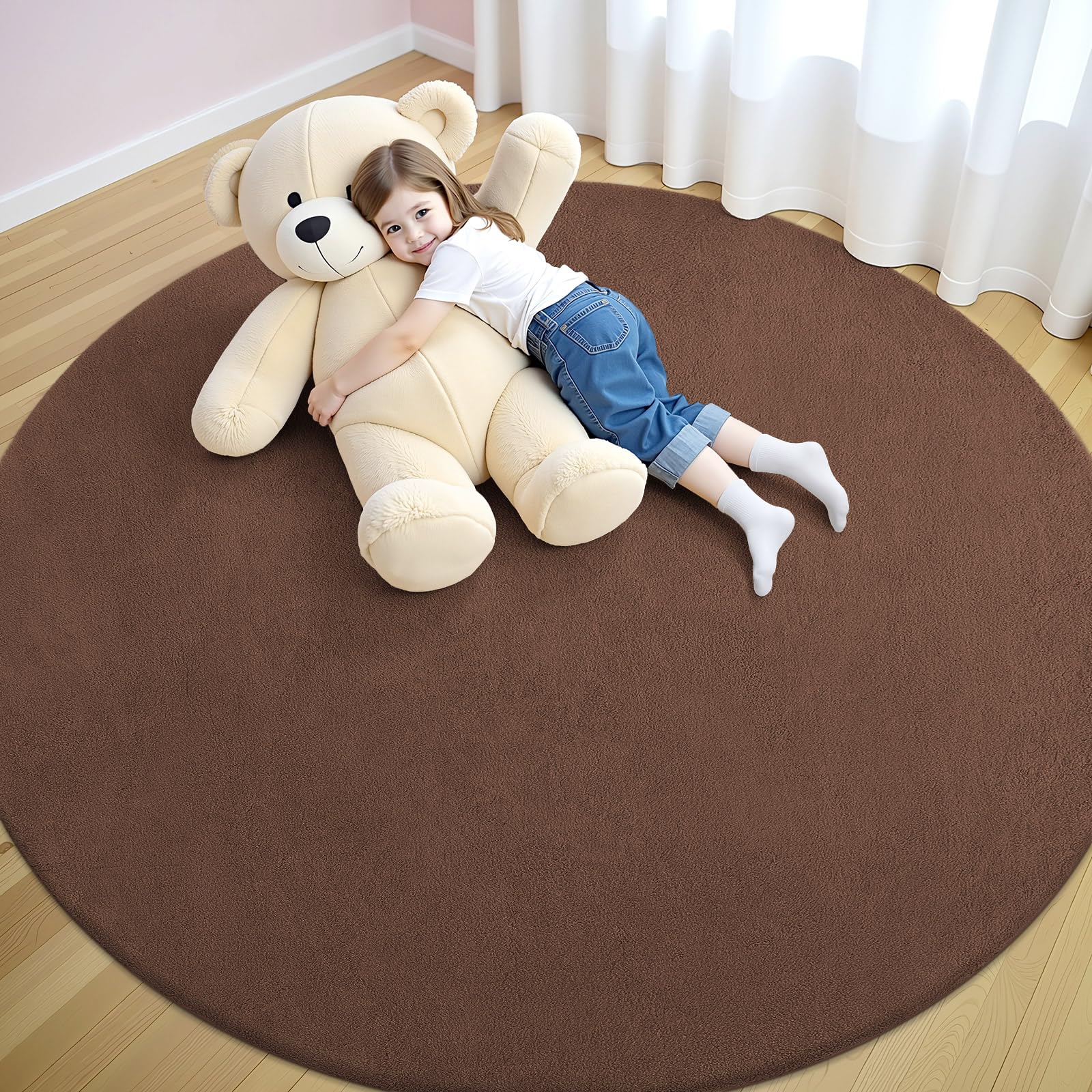 smiry Modern Fluffy Rugs Living Room, Round 160cm, Brown