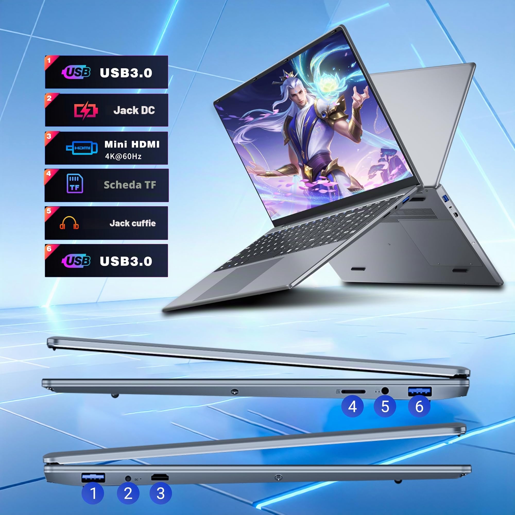 Portatile PC IPS Full HD da 15,6", Core M3 6Y30 fino a 2,2 GHz, 8 GB RAM DDR3, 256 GB SSD, Notebook Sottile con Win 11 e Office 365, Laptop con Tastierino Numerico, Apertura e Chiusura a 180°, Wi-Fi 5